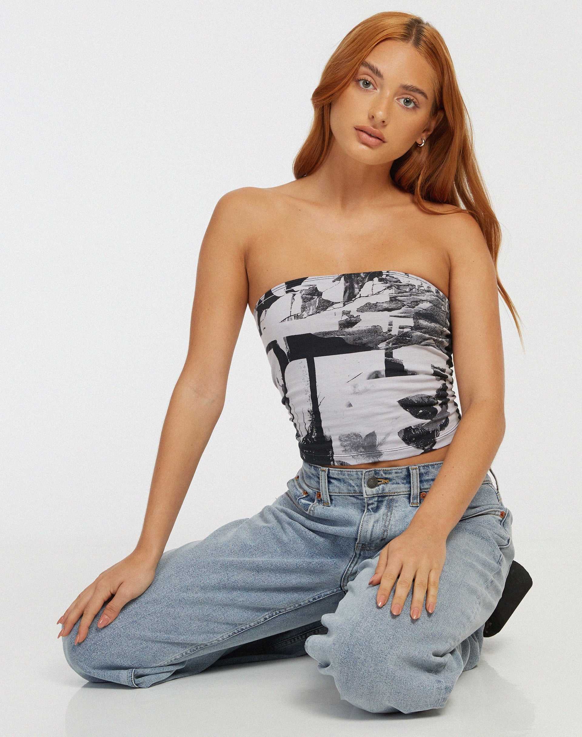 Shae Bandeau Top in Photo Collage Grey - Awmao