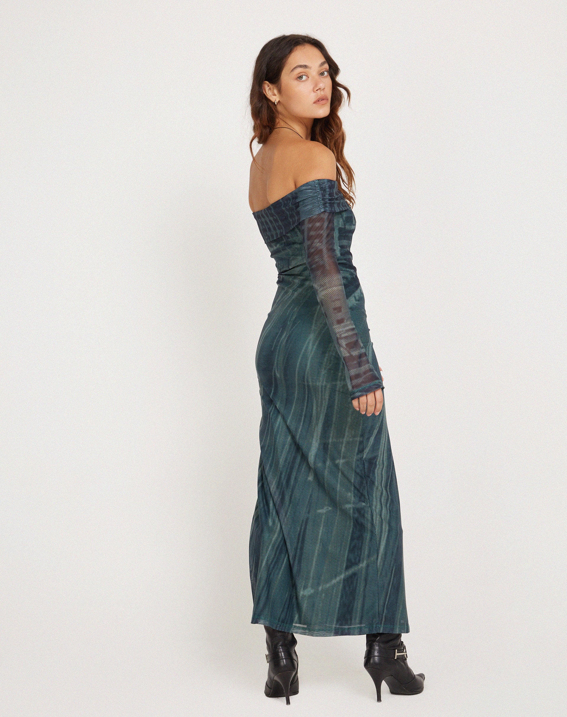 Terra Bardot Midi Dress in Cityscape Green - Awmao