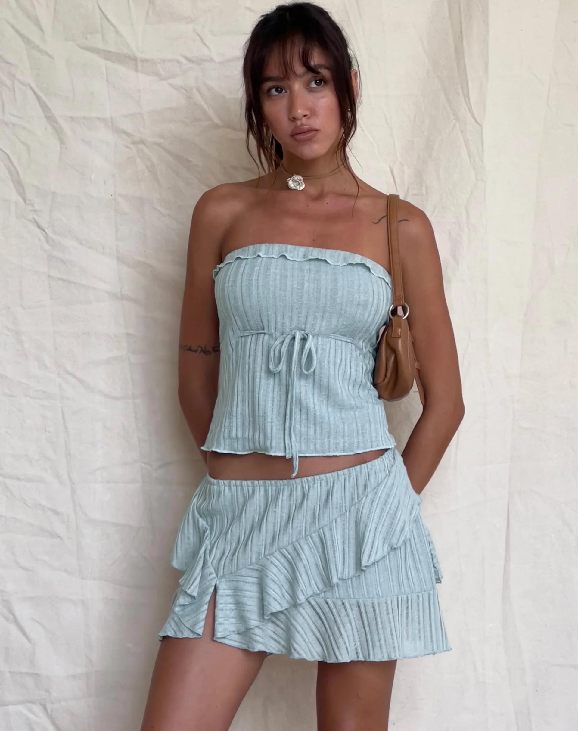 Ameera Ruffle Trim Bandeau Top in Powder Blue - Awmao
