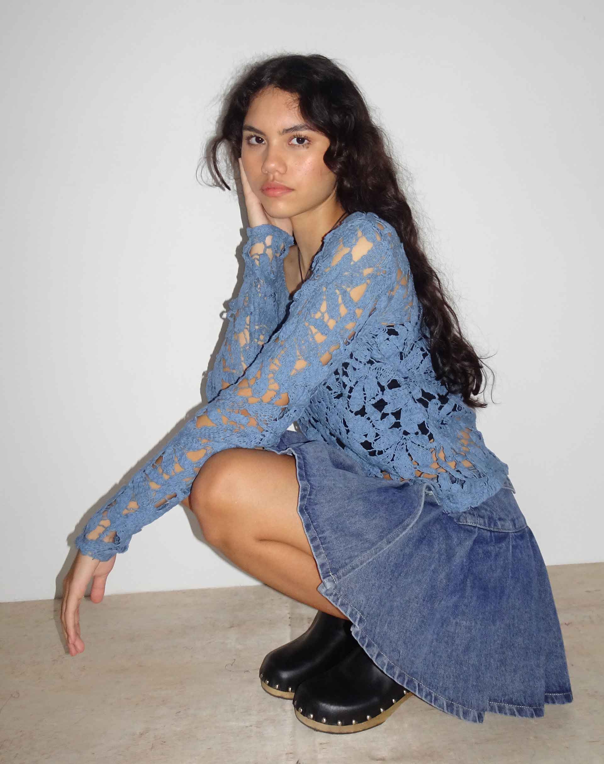 Ripu Floral Crochet Long Sleeve Top in Midnight Blue - Awmao