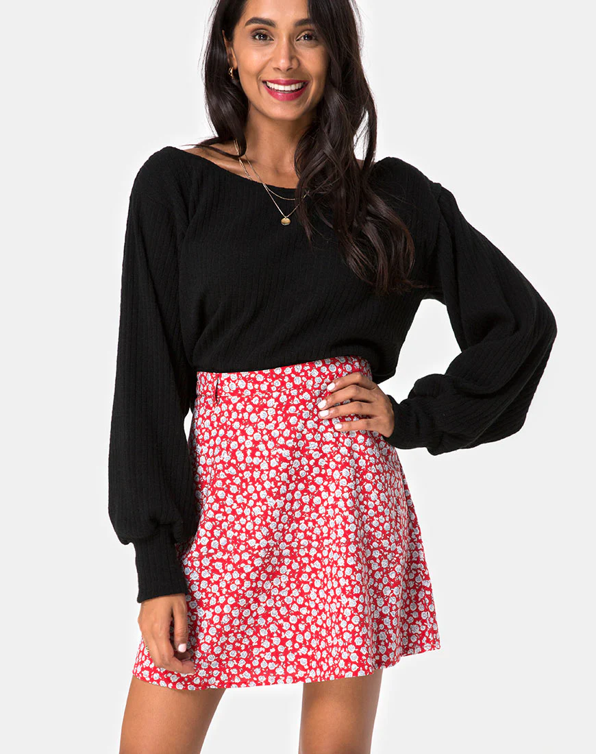 Kheb A-line Skirt in Ditsy Rose Red and Silver - Awmao