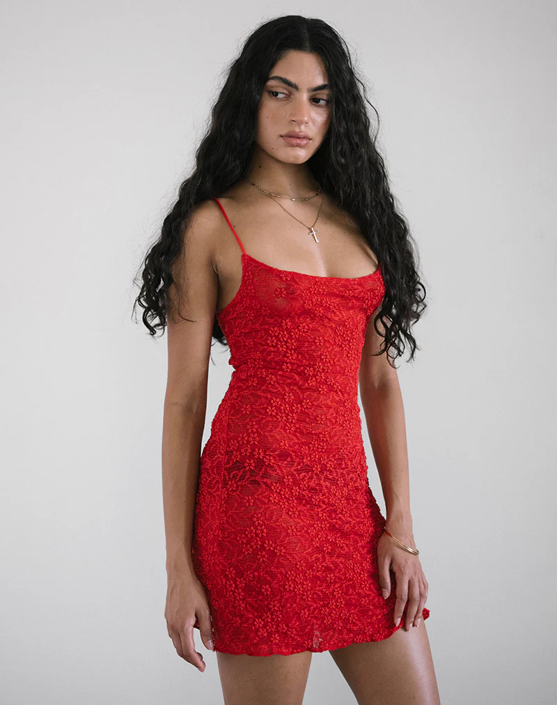 Ismene Mini Dress in Unlined Lace Red - Awmao
