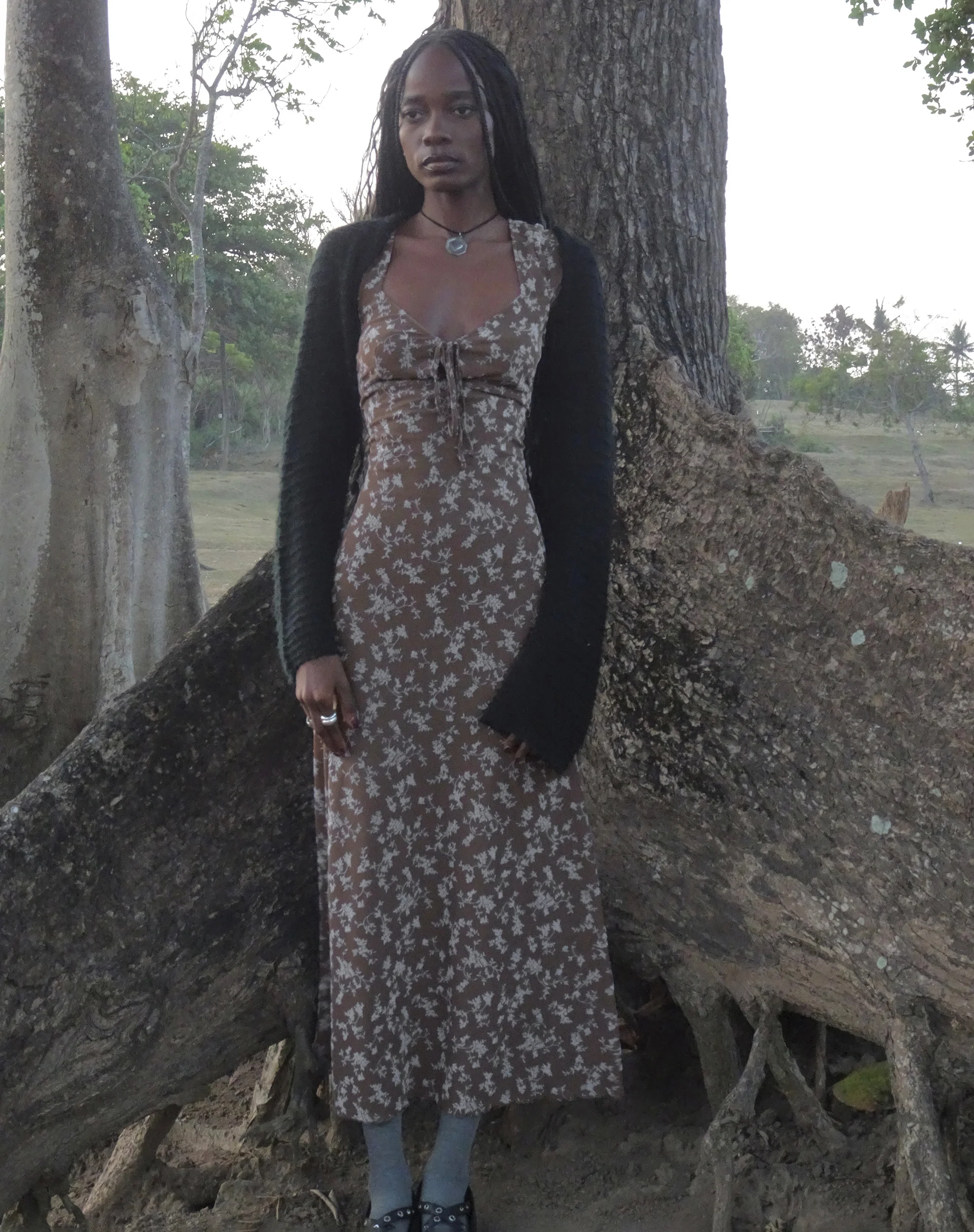 Lunama Midi Dress in Botanist Flock Dark Taupe - Awmao