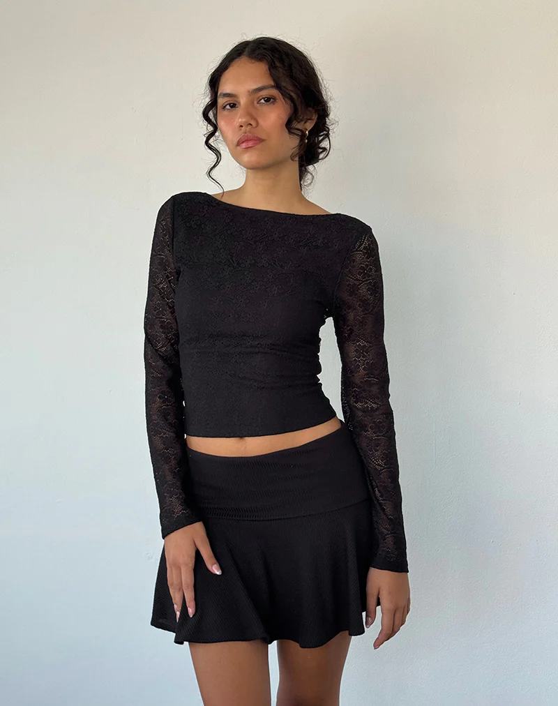 Xiabon Backless Long Sleeve Top in Lace Black - Awmao