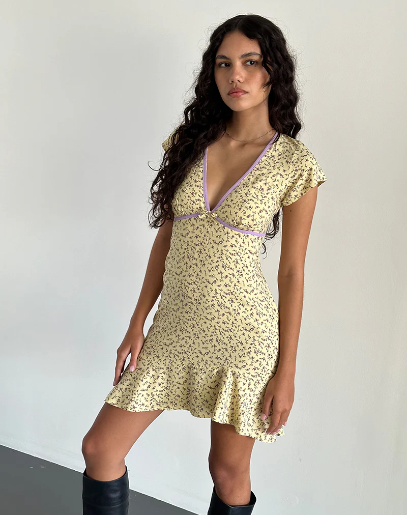 Gysele Mini Dress in Flowing Flower Yellow - Awmao