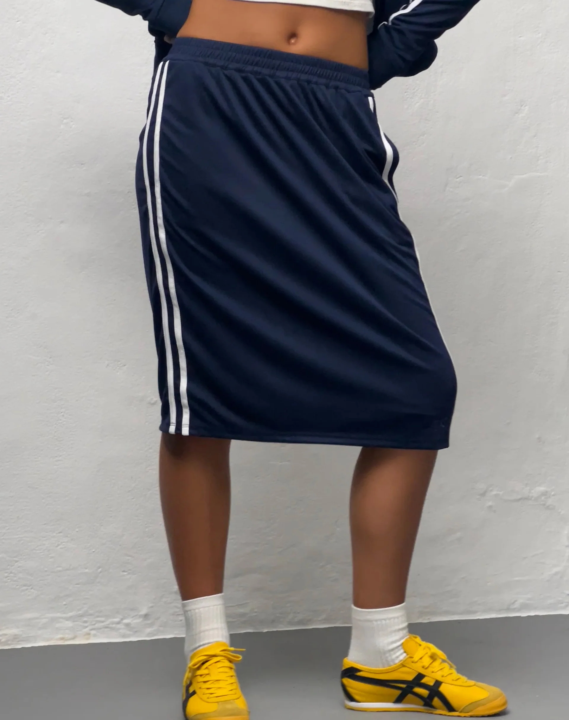 Kaizen Midi Skirt in Navy with White Double Stripe - Awmao