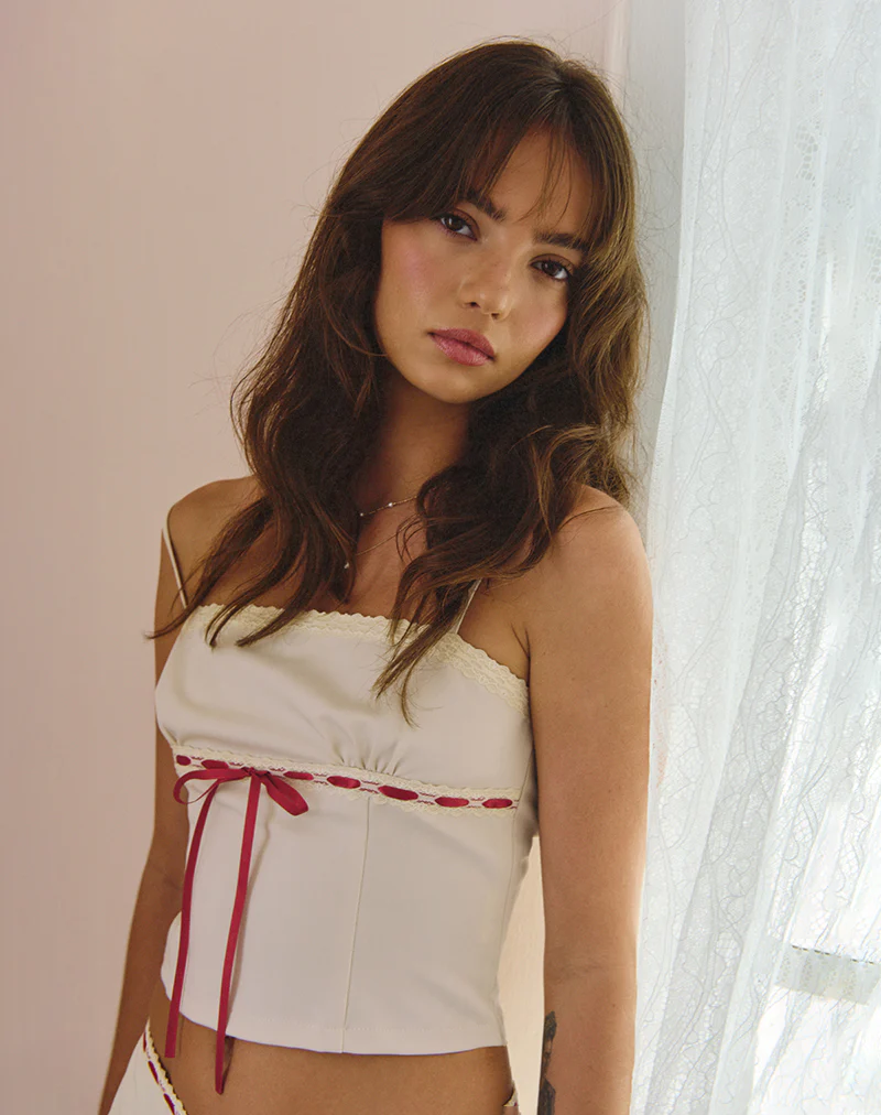 Kaita Cami Top in Cream with Red Binding - Awmao