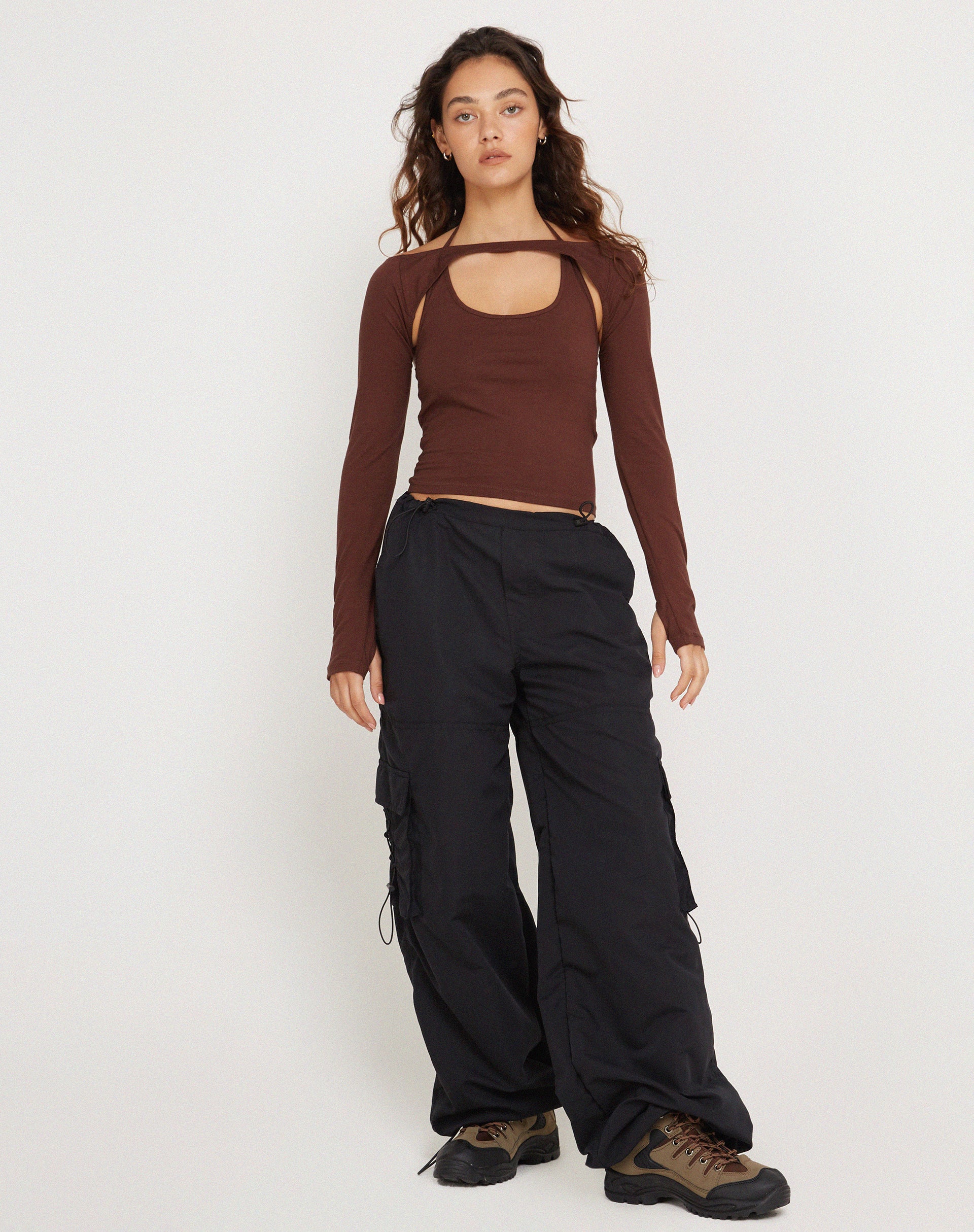 Braja Long Sleeve Halterneck Top in Seal Brown - Awmao