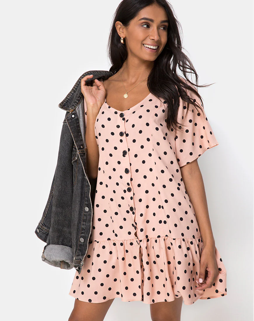 Tisha Babydoll Dress in New Polka Nude Black - Awmao