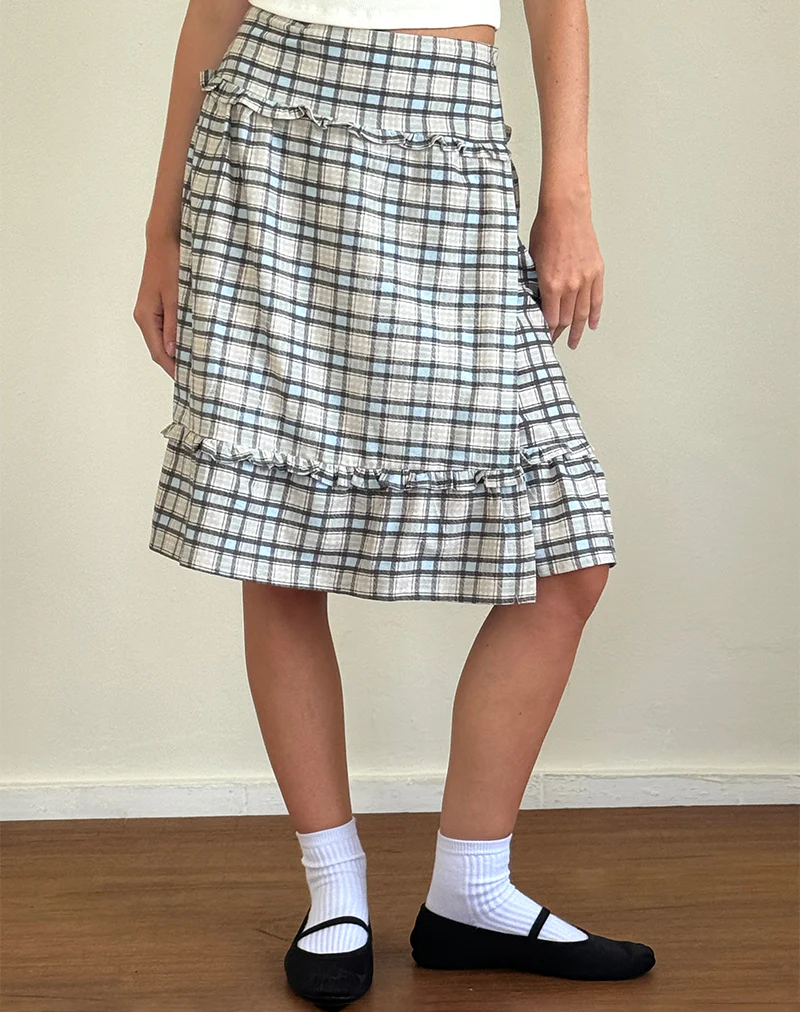 Kasya Midi Skirt in Pastel Blue Tartan - Awmao