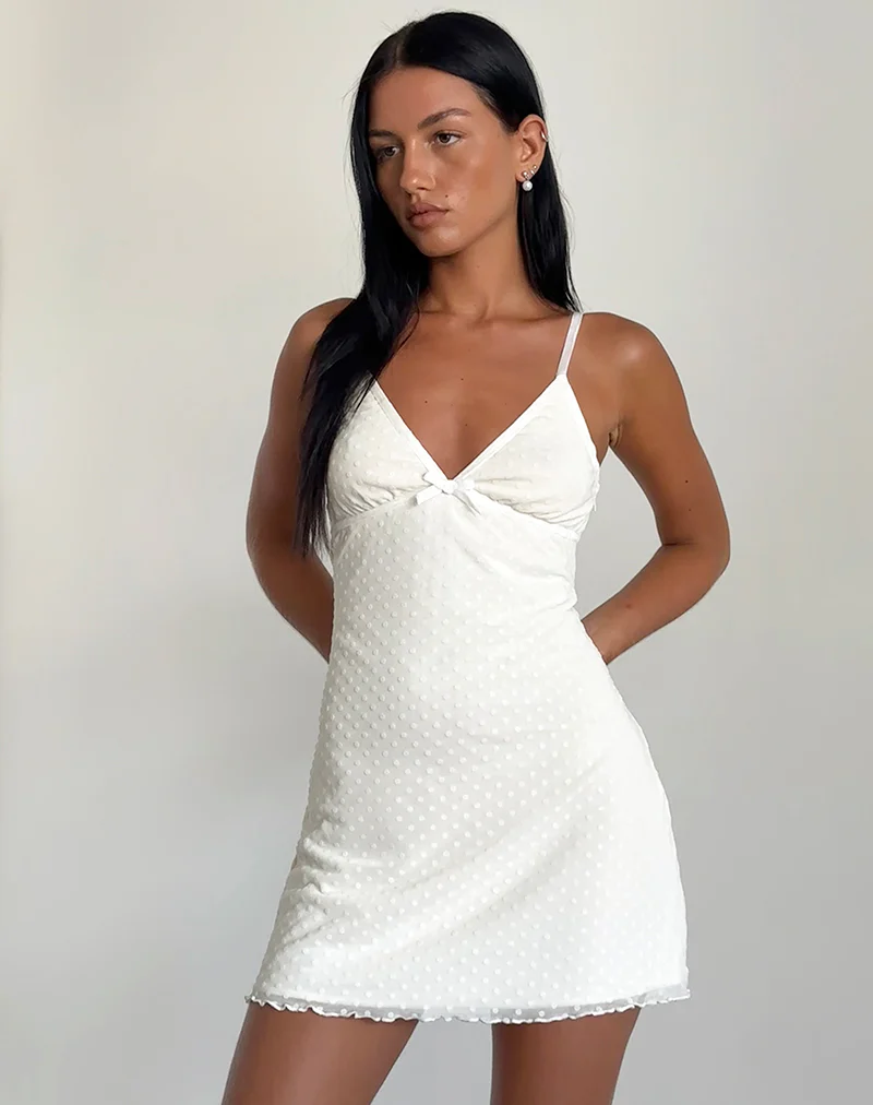 Mevila Cami Mini Dress in Ivory Polka Flock - Awmao