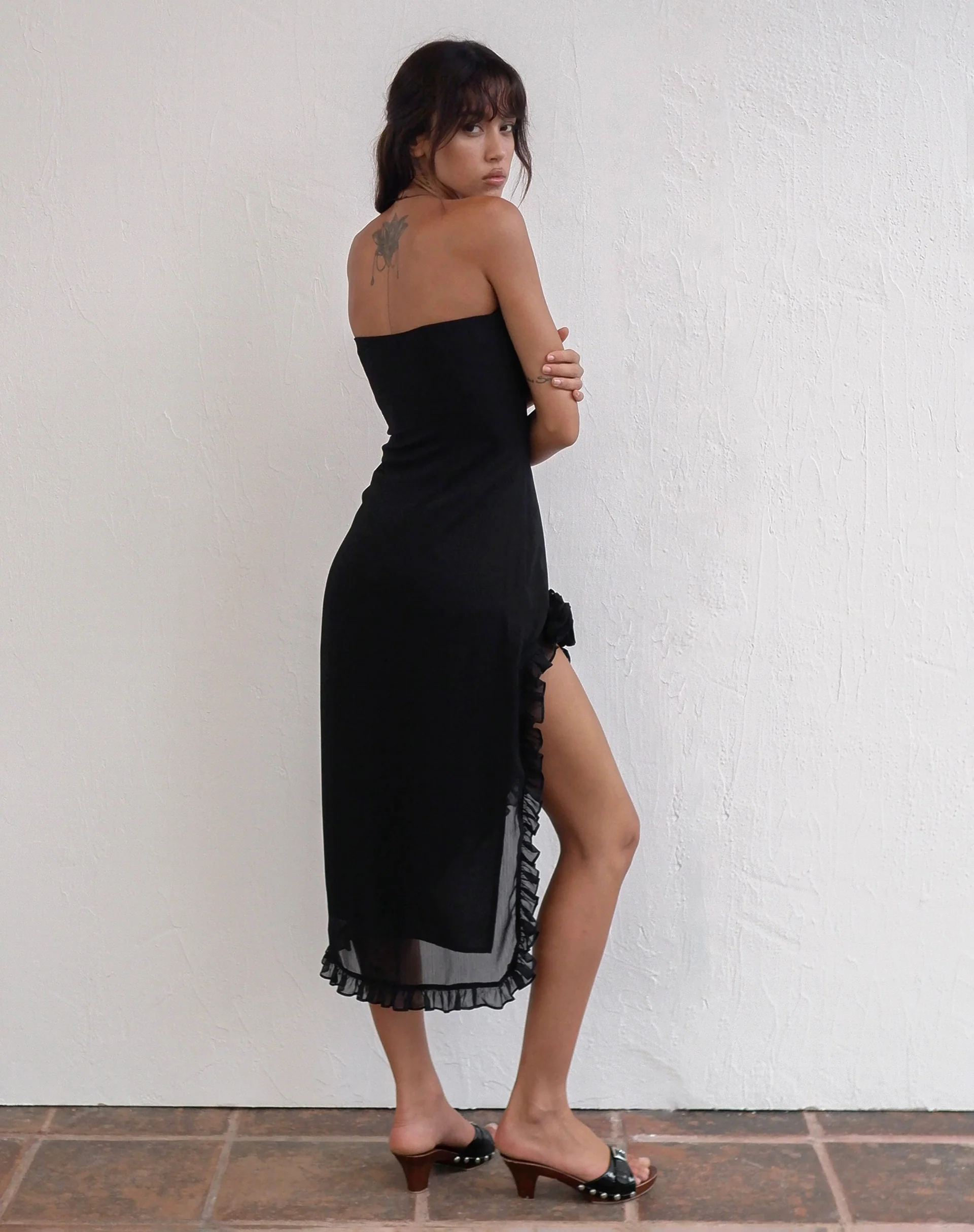 Rosaya Ruffle Rosette Bandeau Midi Dress in Black Chiffon - Awmao