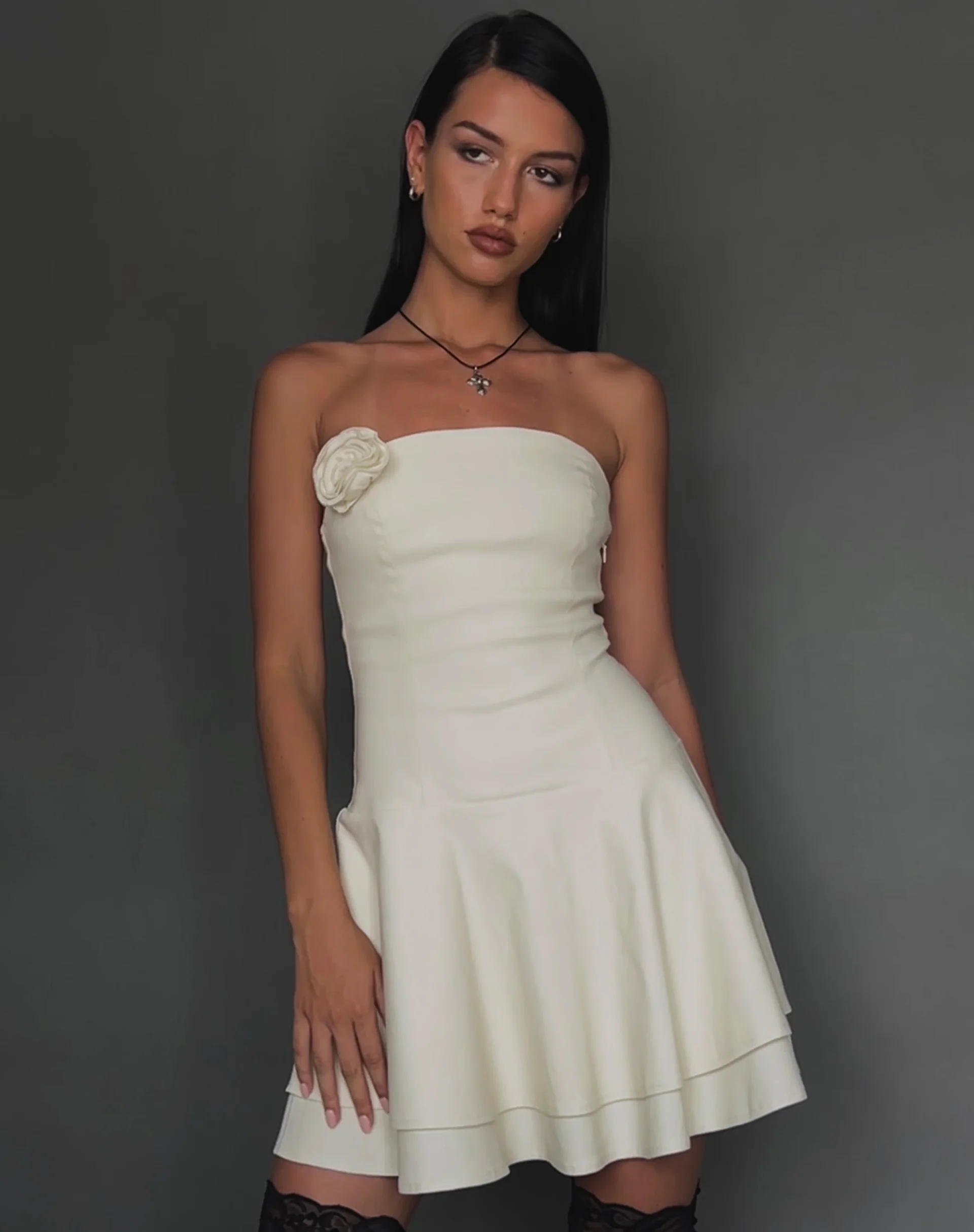 Striata Mini Dress in Cream with Rosette and Lace Back - Awmao