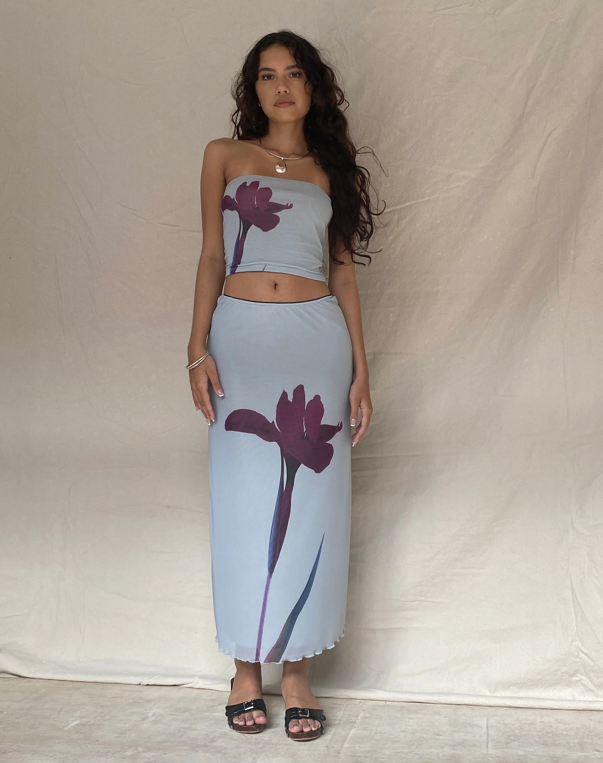 Lassie Midi Skirt in Mint Flower Placement - Awmao