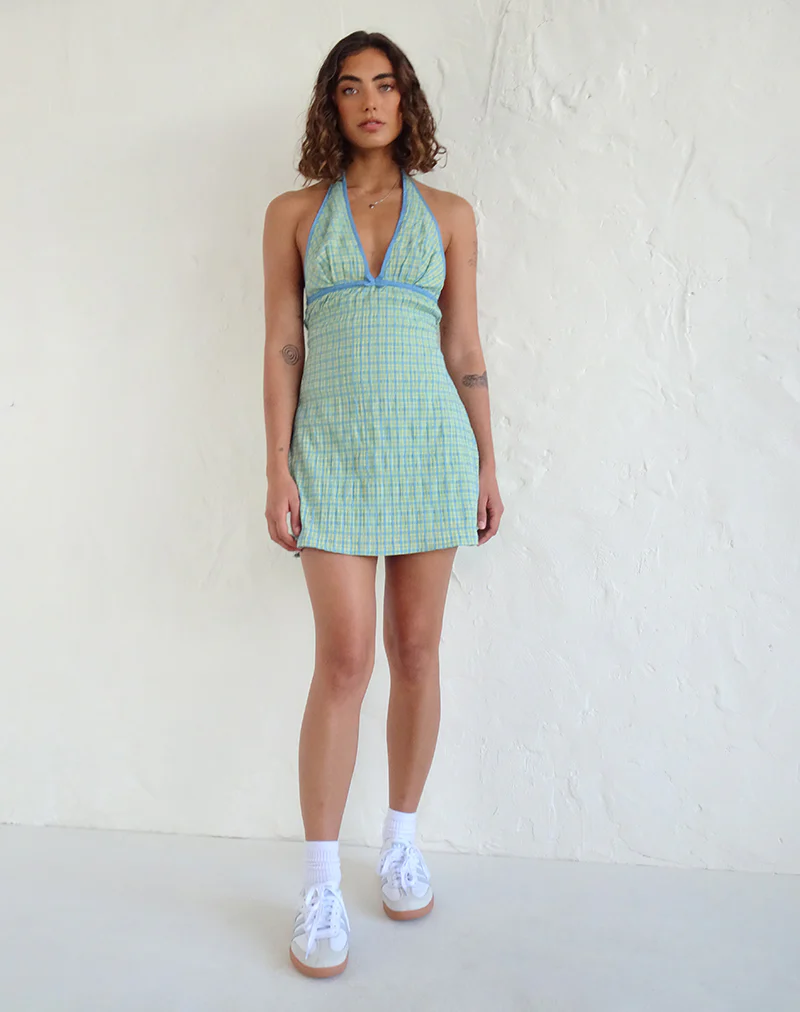 Corla Mini Dress in Check Green - Awmao