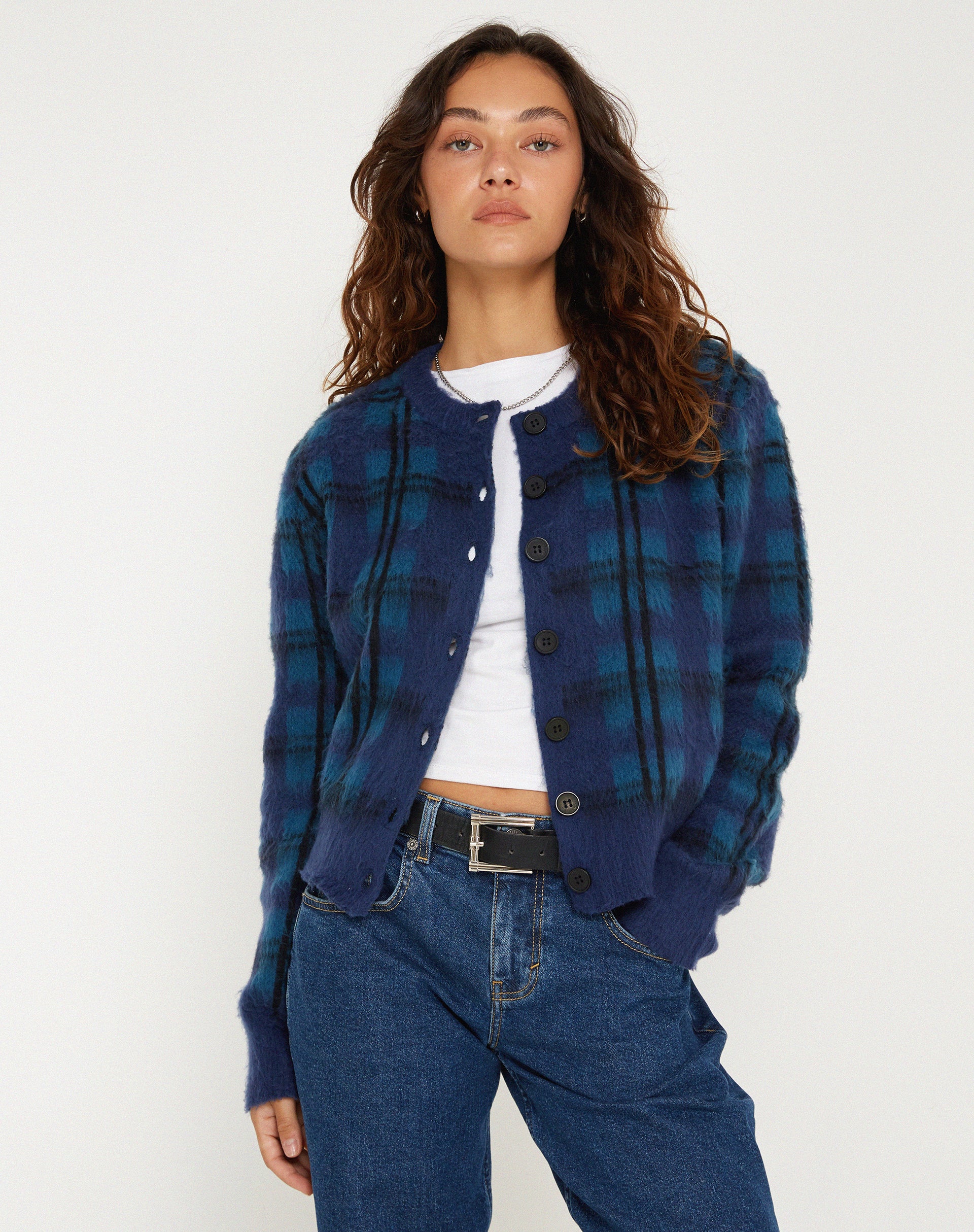 Anzio Button Up Cardigan in Multi Check Navy Blue - Awmao