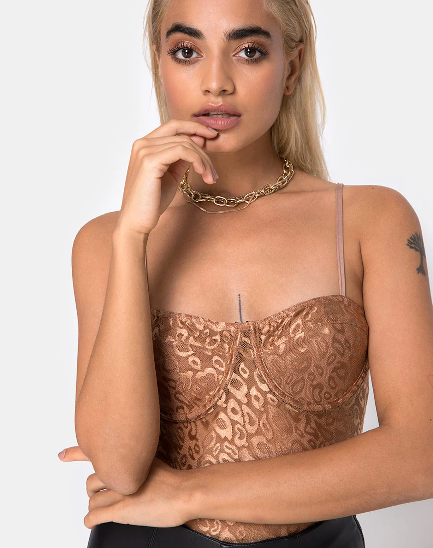 Calani Bodice in Leopard Sheen Net Caramel - Awmao