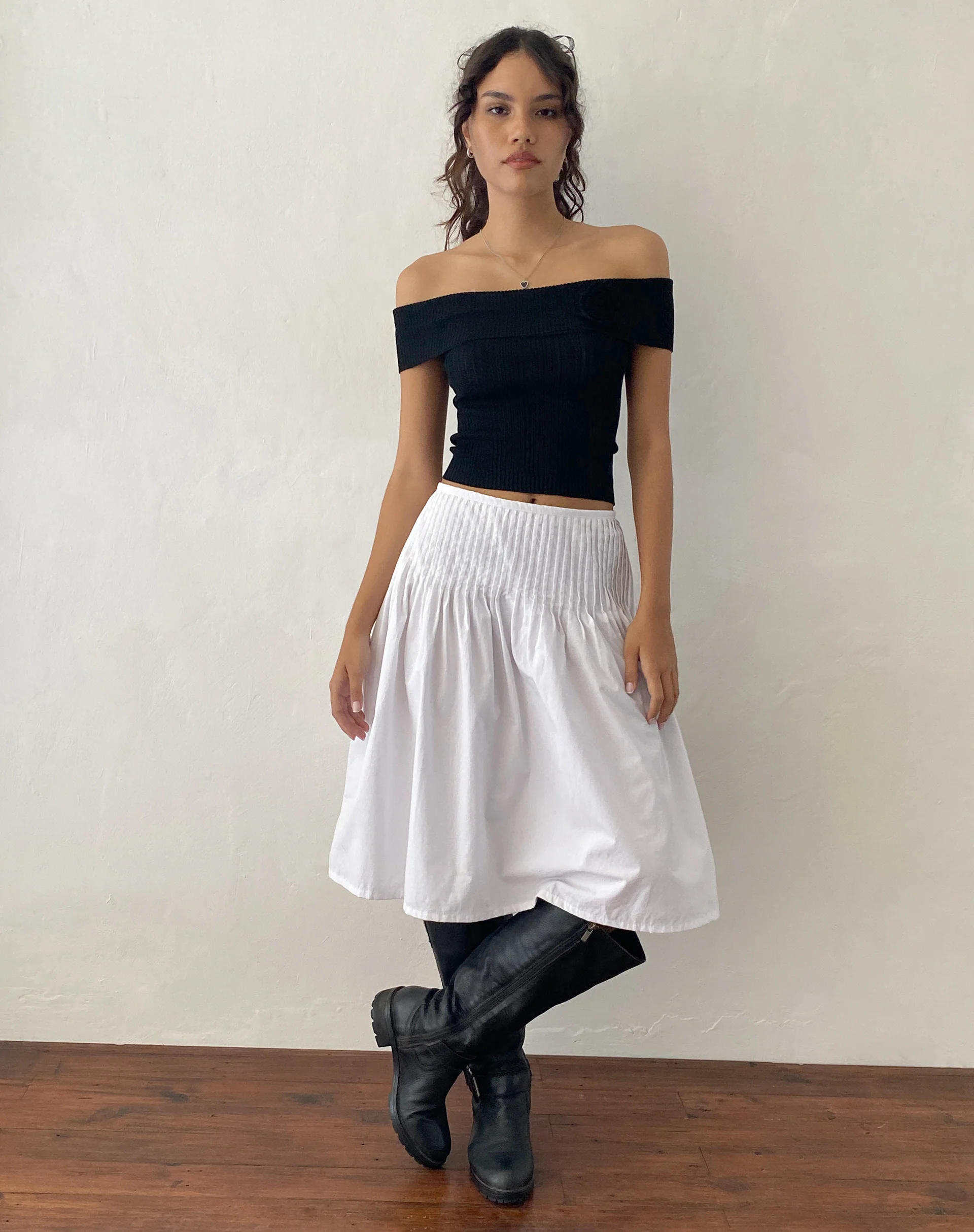 Brenda Knitted Bardot Top in Black with Rosette - Awmao