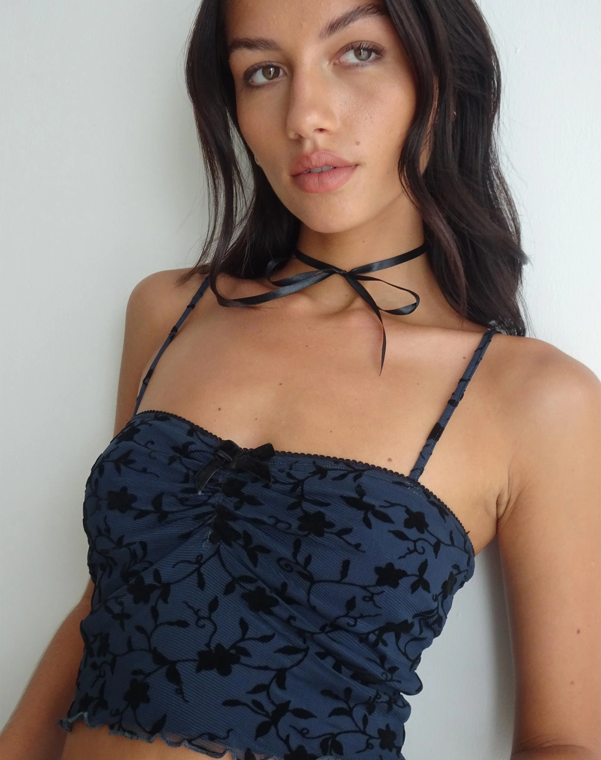 Halusi Crop Top in Pretty Petal Flock Black - Awmao