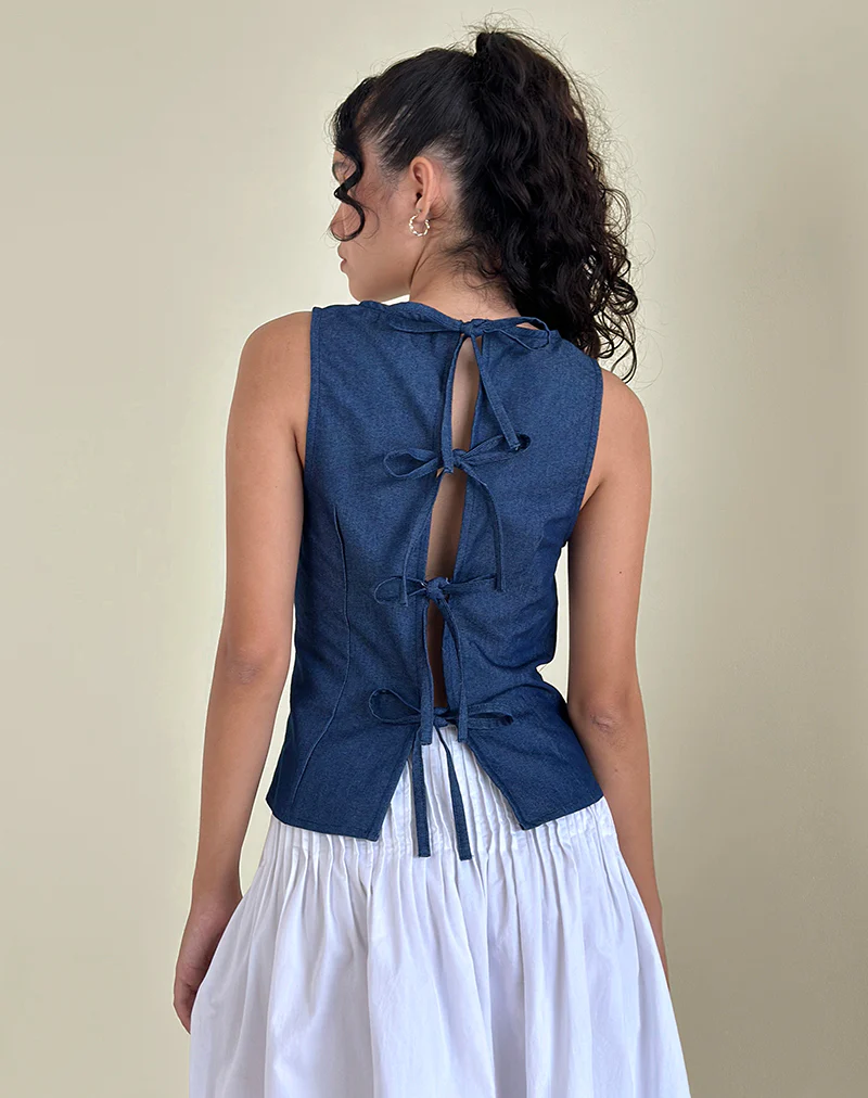 Yashia Tie Top in Denim Chambray Indigo - Awmao