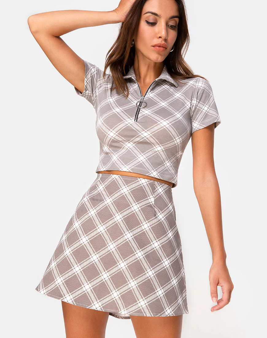 Annie Skirt in Grunge Check Taupe - Awmao