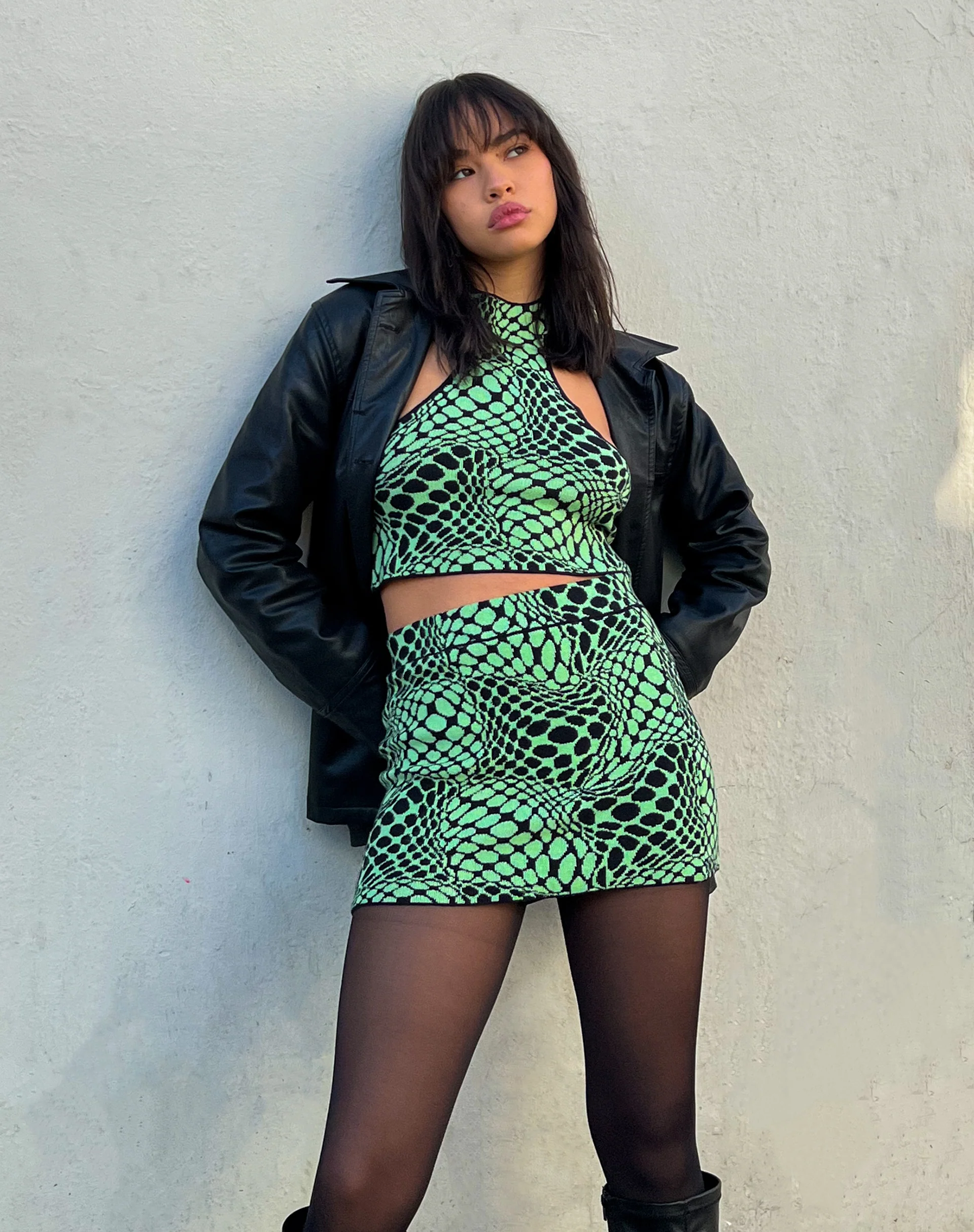 Haru Mini Skirt in Geo Polka Arcadian Green - Awmao