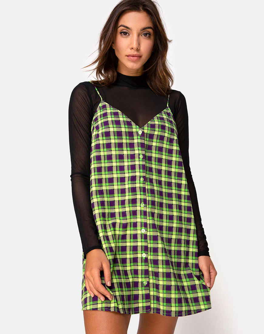 Sanna Slip Dress in Green and Purple Check - Awmao