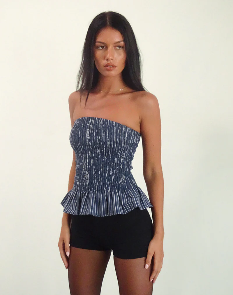 Sutisna Bandeau Top in Indigo Stripe Dark Blue - Awmao