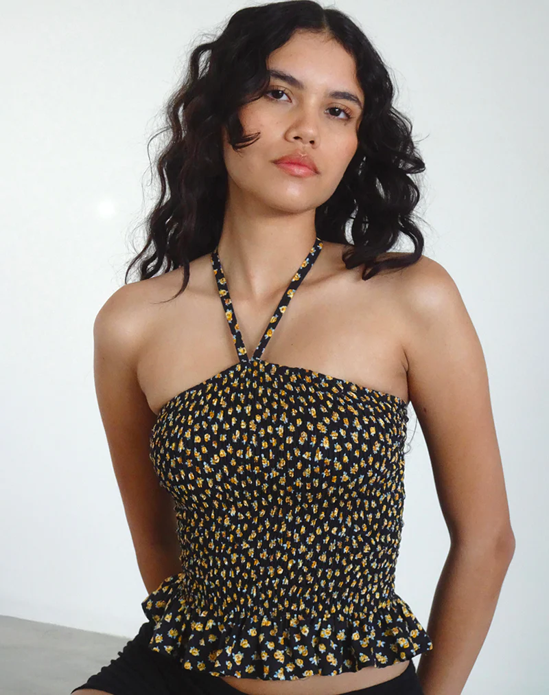 Phobe Shirred Halterneck Top in Ditsy Floral Bronze - Awmao