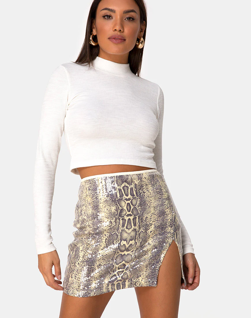 Cheri Split Mini Skirt in Acid Snake Clear Sequin - Awmao