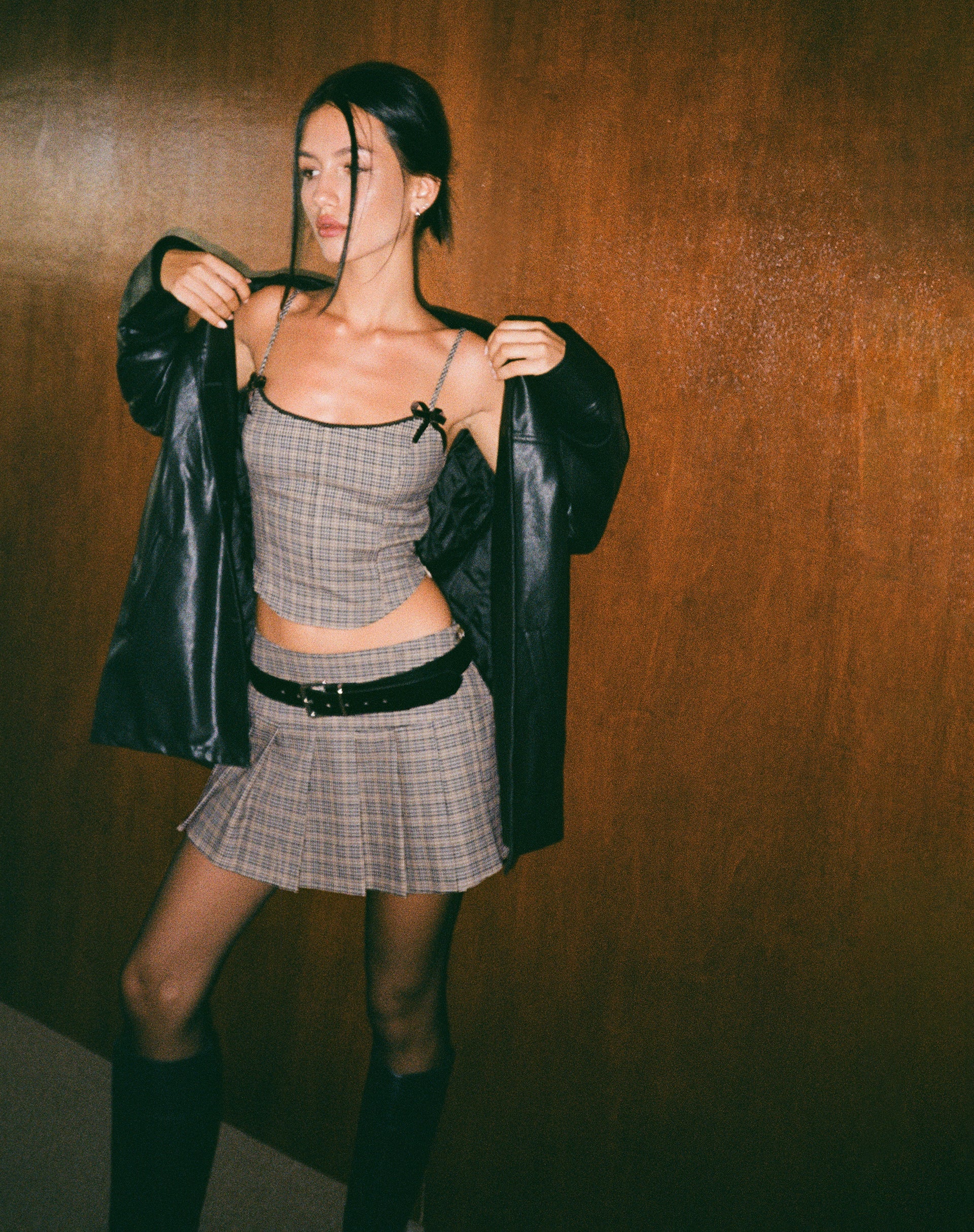 Casini Pleated Micro Skirt in Micro Check Brown - Awmao
