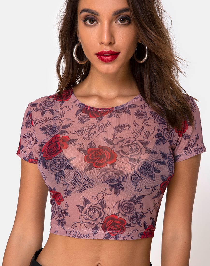 Tiney Crop Tee in Roses Are Red Mesh - Awmao