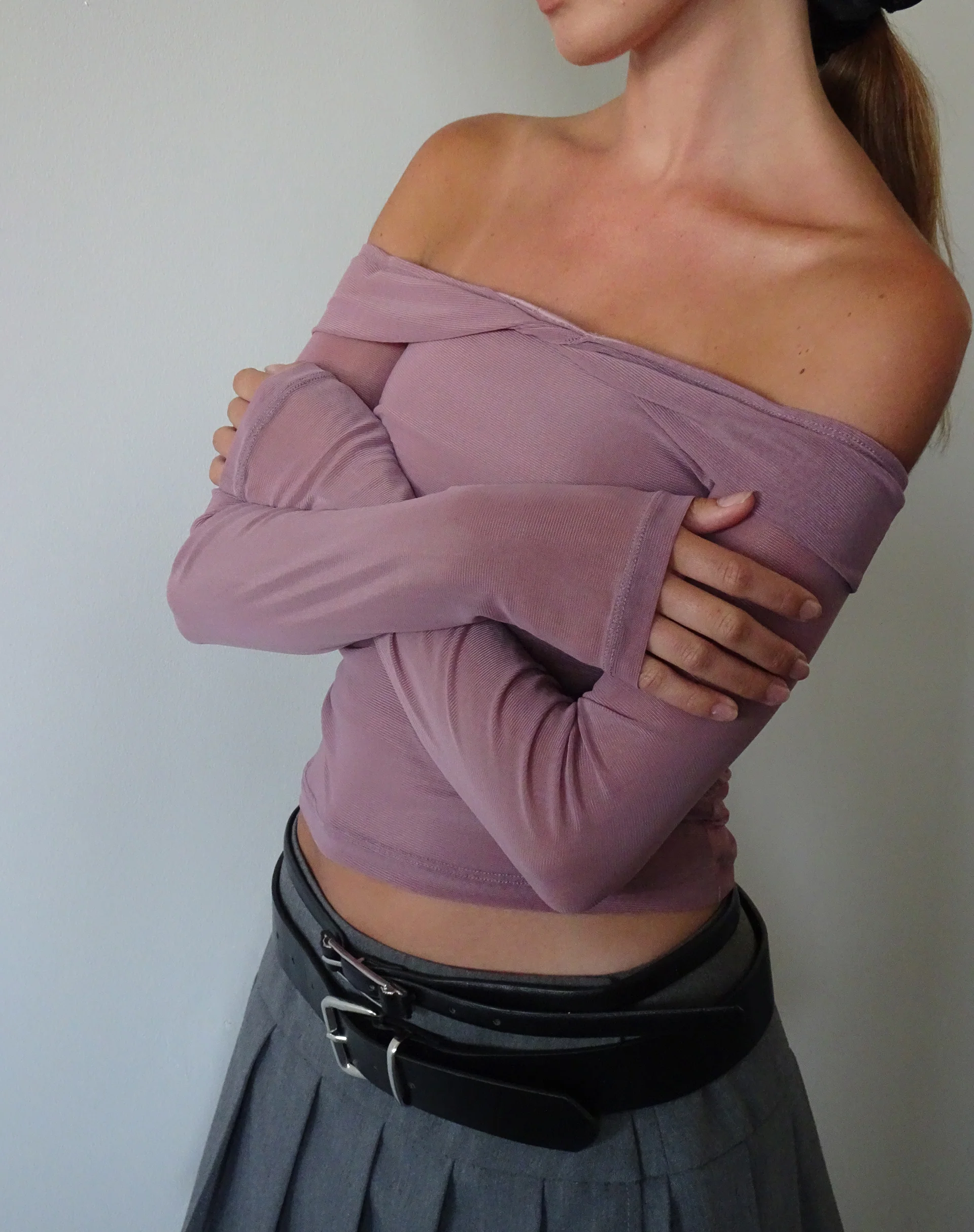 Nauri Long Sleeve Bardot Top in Wisteria Purple - Awmao