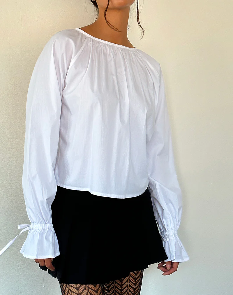 Bulila Tie Sleeve Blouse in White Poplin - Awmao