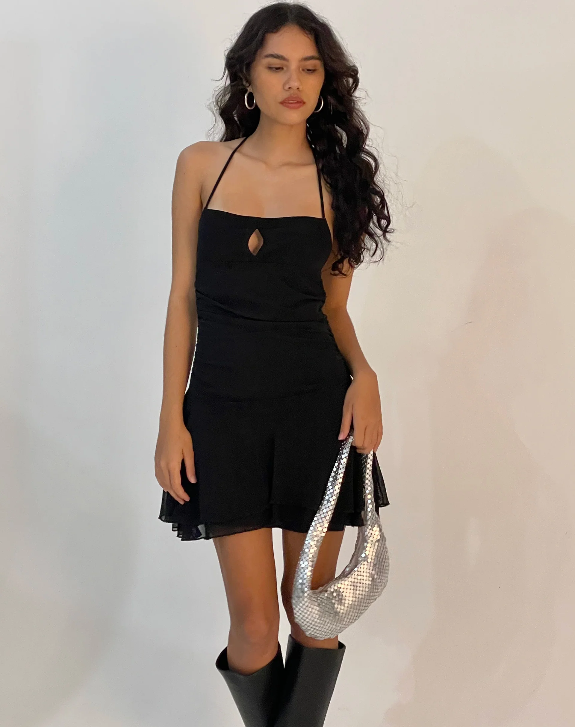 Pixila Halterneck Mini Dress in Black Mesh - Awmao
