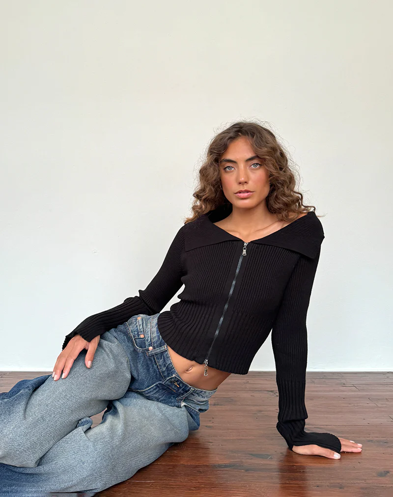 Radia Long Sleeve Off-Shoulder Zip Through Jumper in Black - Awmao