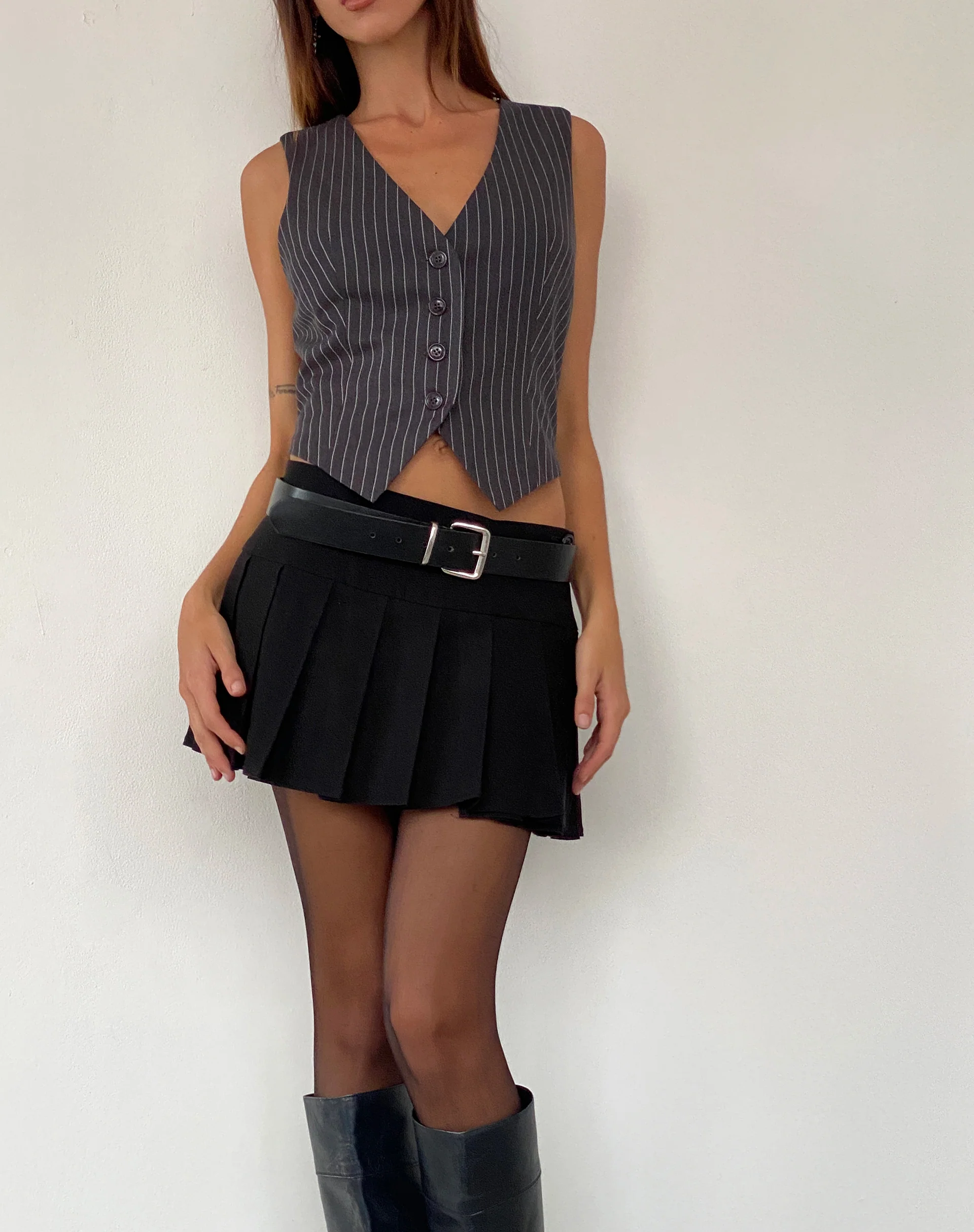 Canta Tailored Vest Top in Dark Grey Pinstripe - Awmao