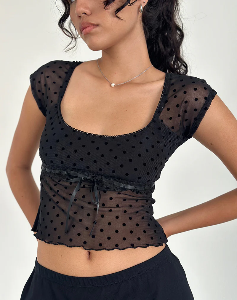 Rada Top in Flocked Mesh Basic Polka Black - Awmao