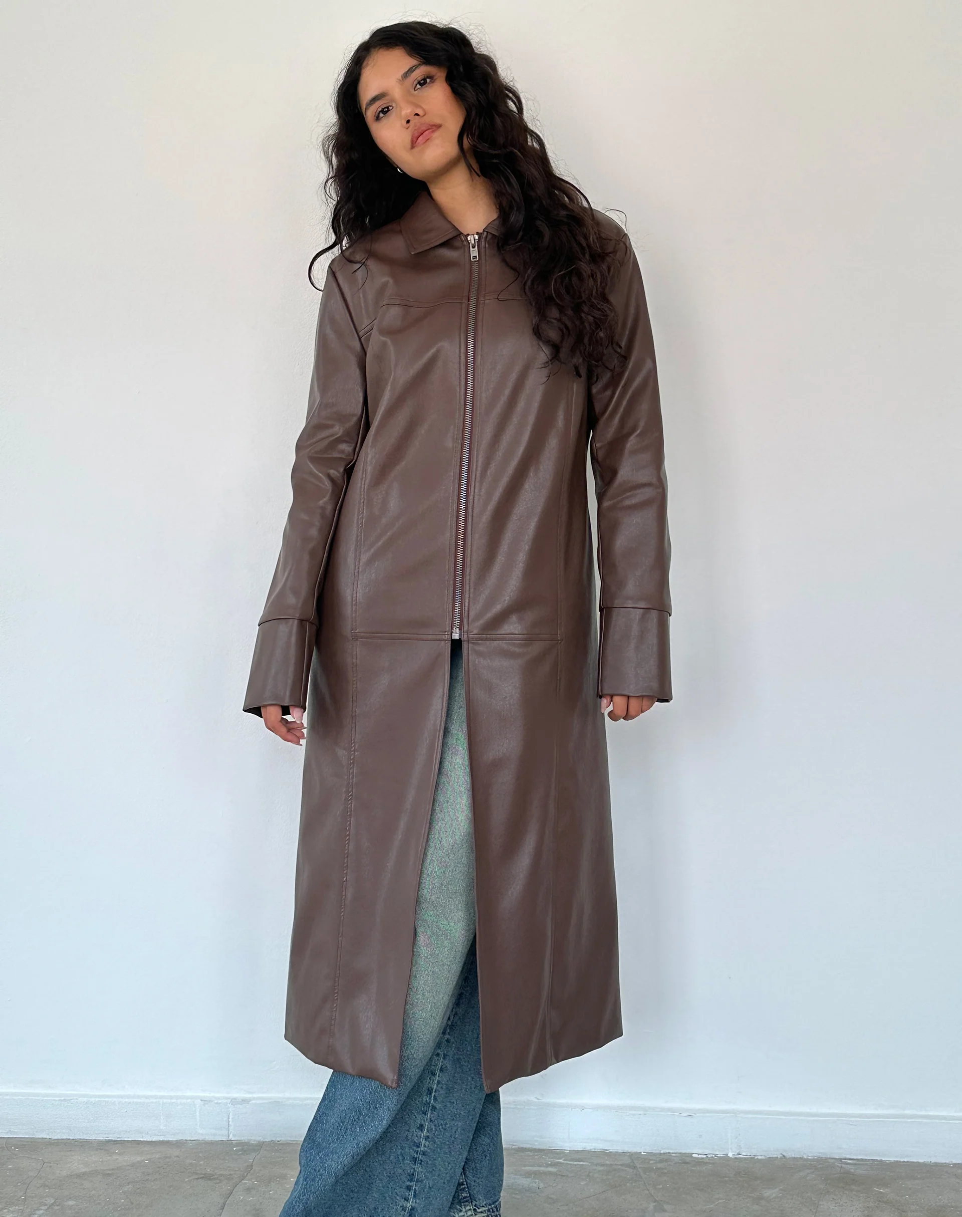 Berlin PU Trench Coat in Dark Brown - Awmao