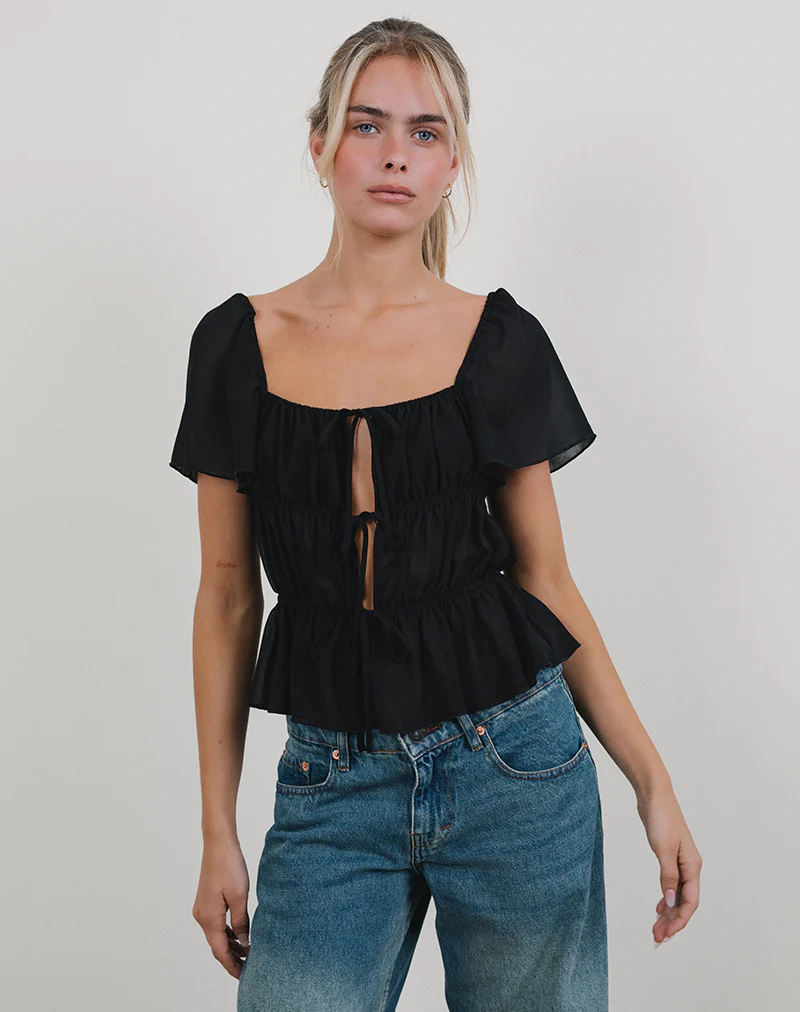 Cintan Tie Front Top in Black - Awmao