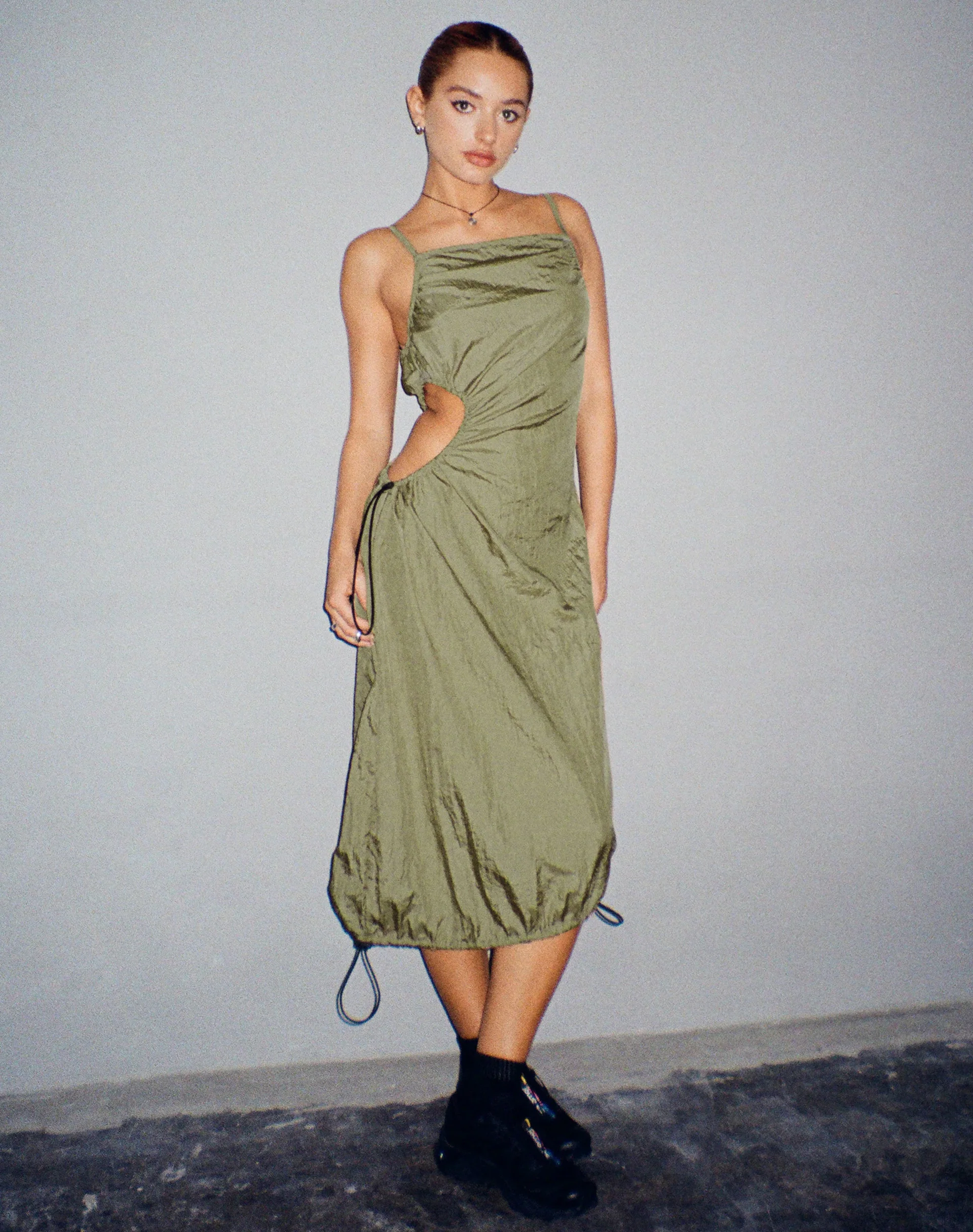 Daichi Cut Out Midi Dress in Silver Green - Awmao