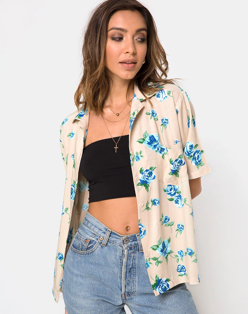 Hawaiian Shirt in Rose Blossom Blue - Awmao