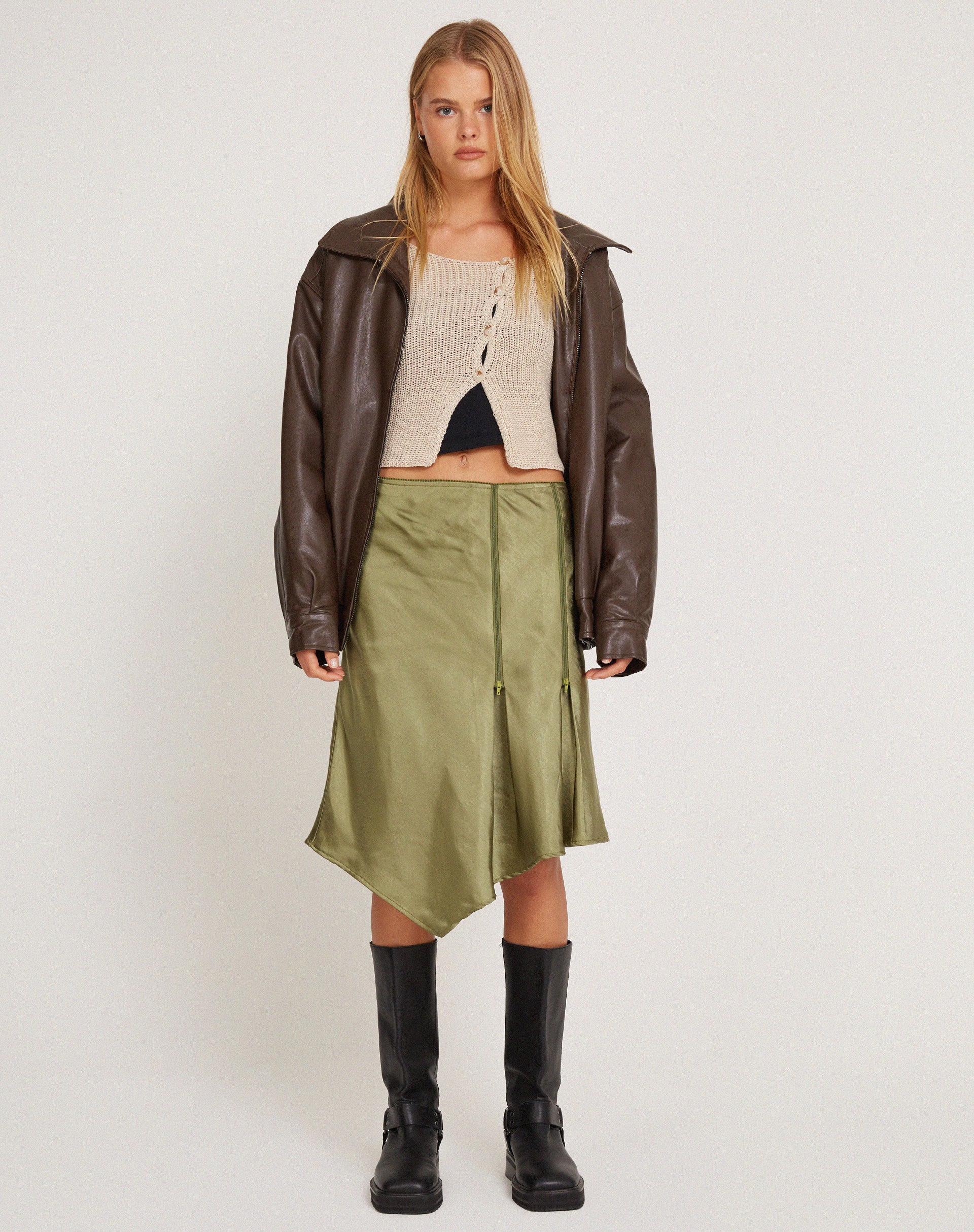 Slaza Midi Skirt in Satin Olive - Awmao