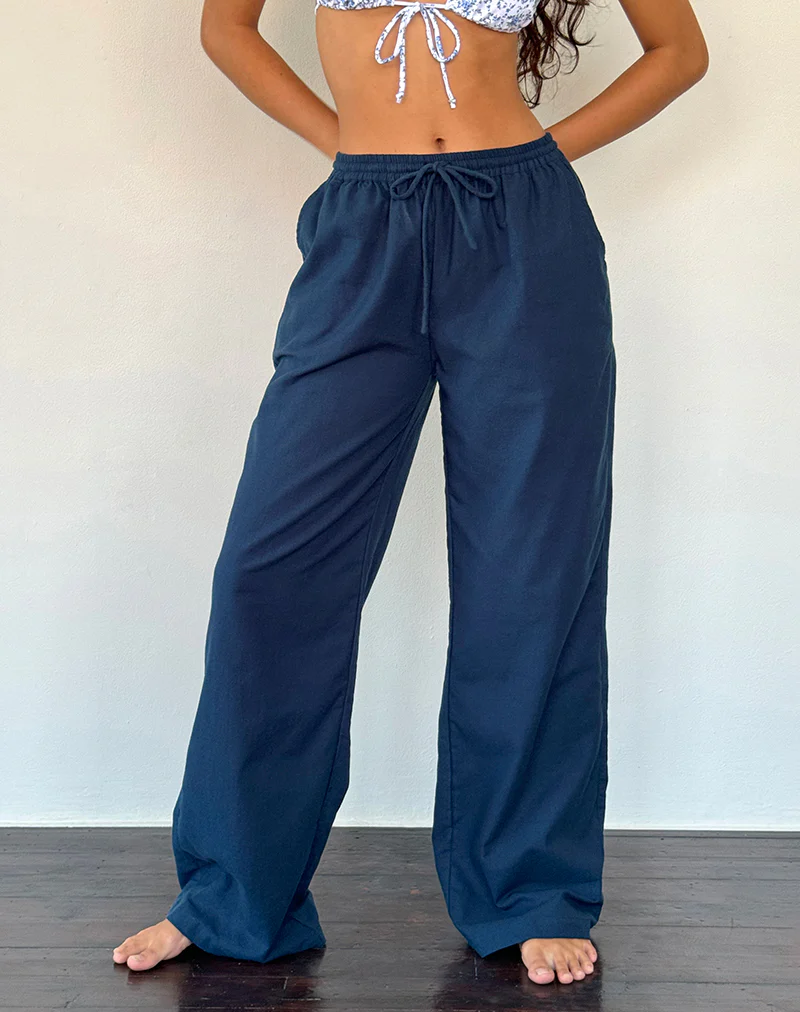 Wasic Wide Leg Linen Trouser in Navy - Awmao