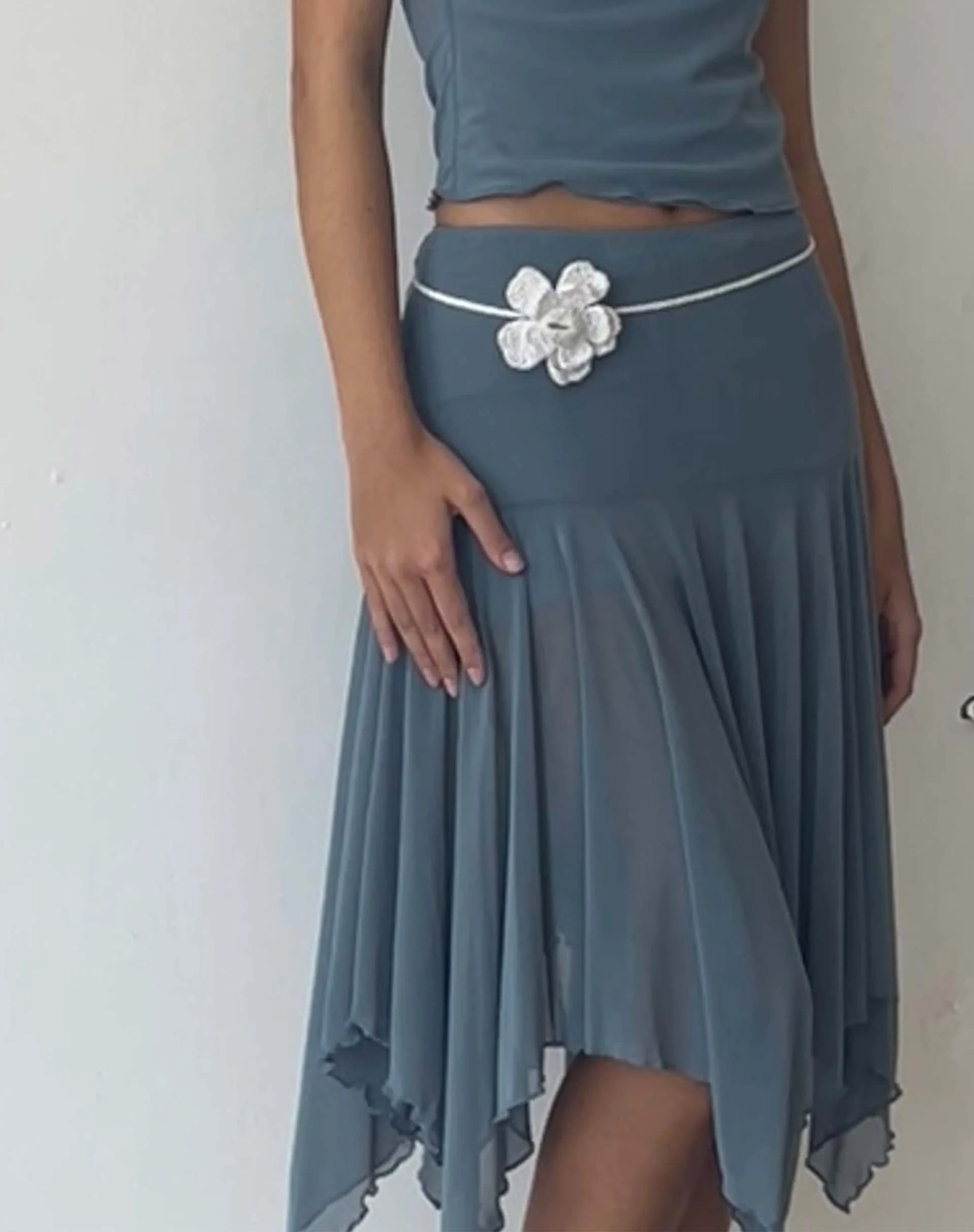 Jovali Low Waist Midi Skirt in Blue Grey Mesh - Awmao