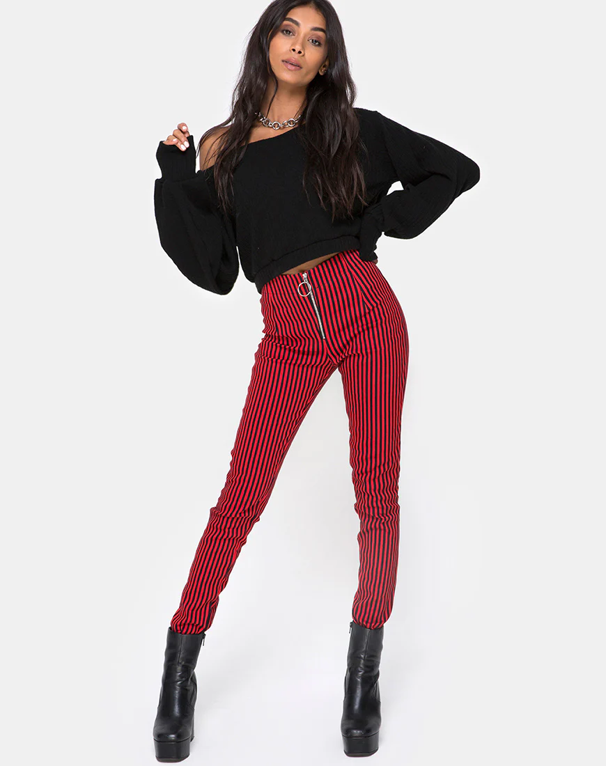 Jolim Trouser in Mini Stripe Red and Black - Awmao