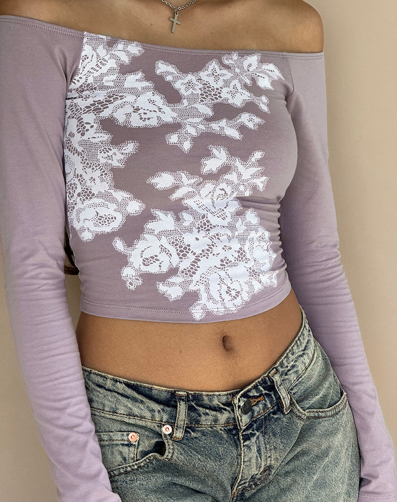 Nauby Long Sleeve Bardot Top in Light Mauve Floral Lace - Awmao