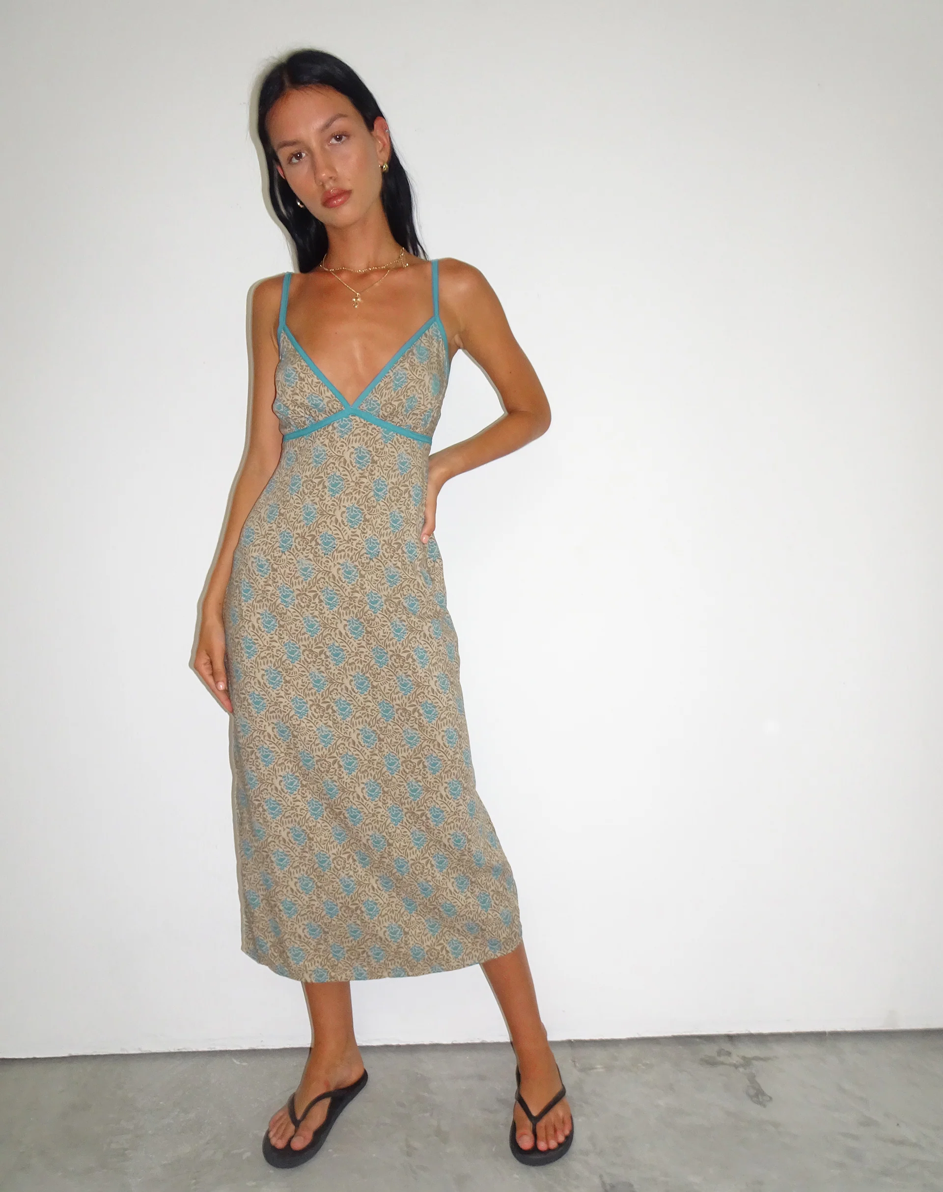 Lalu Midi Dress in Bohemian Batik Blue Brown - Awmao