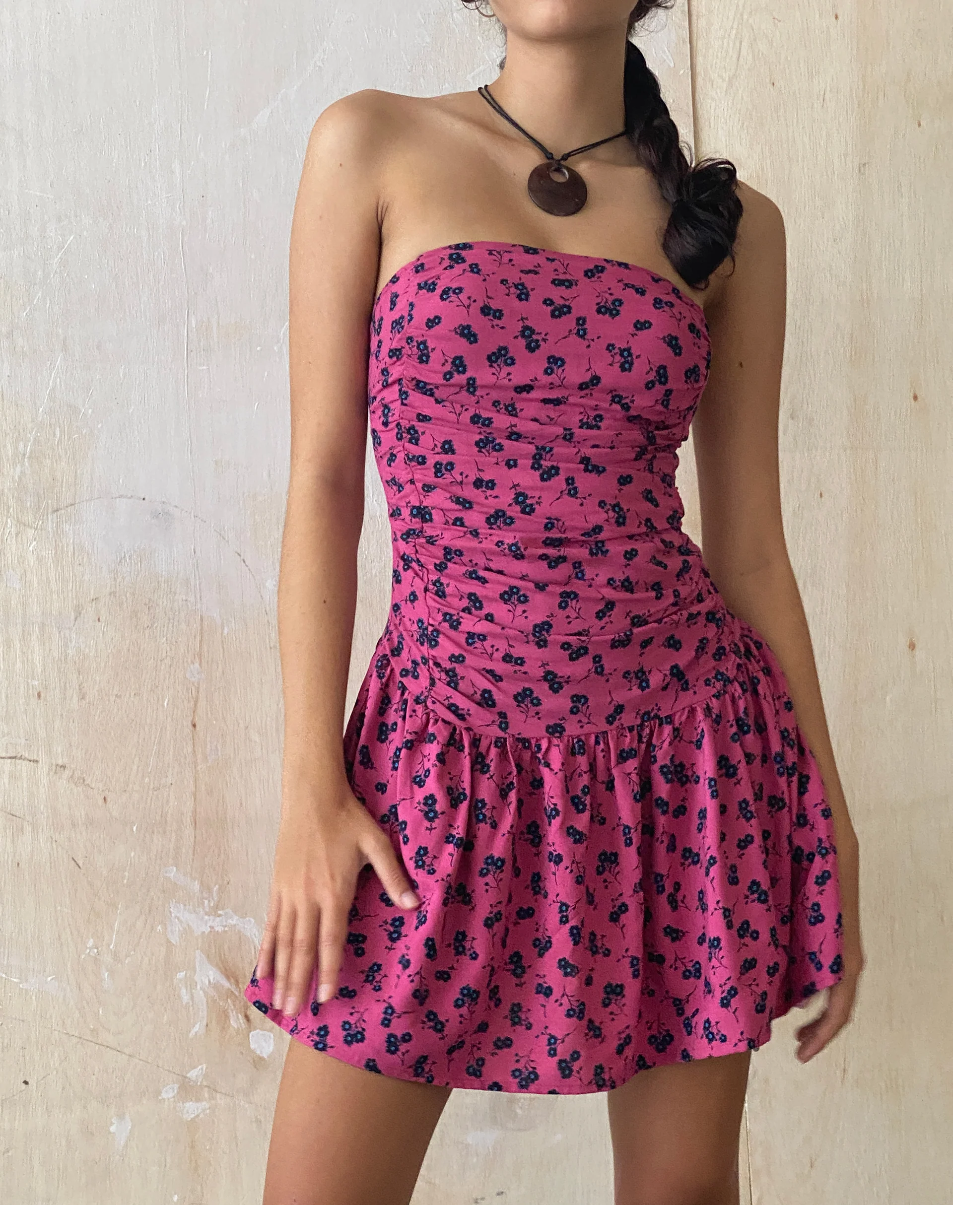 Zhao Bandeau Mini Dress in Raspberry Floral - Awmao