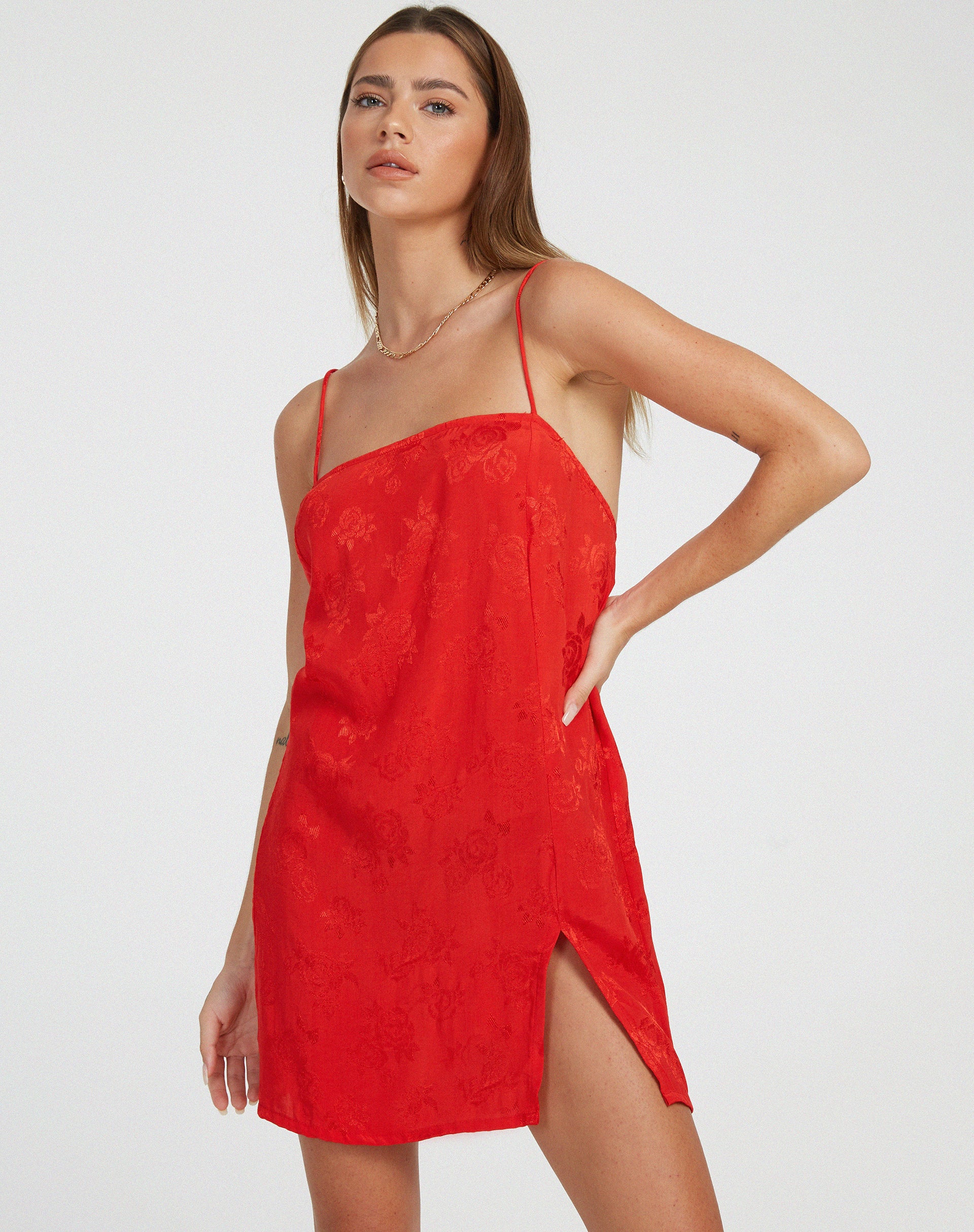 Datista Slip Dress in Satin Rose Scarlet - Awmao